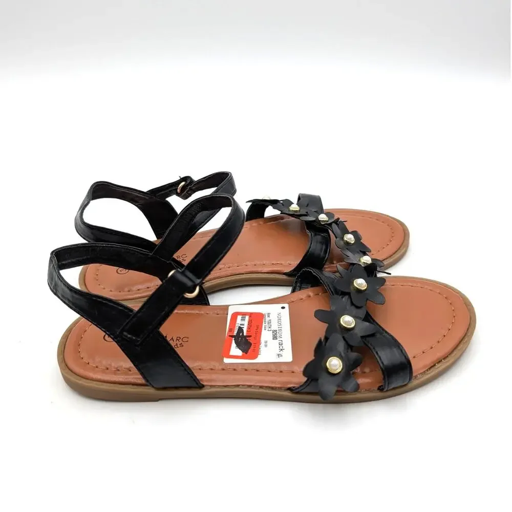Eddie Marc Flower Strap Sandals Open Round Toe Girls' Black Size US3
